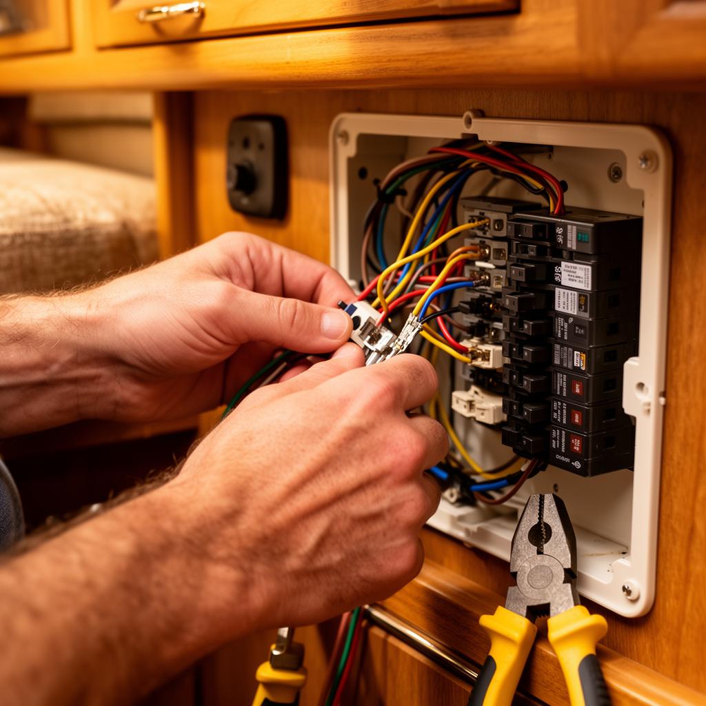 Hands repairing RV electrical wiring
