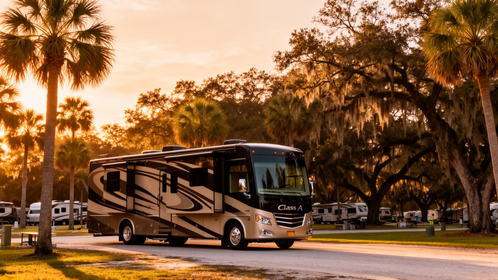 Class A motorhome at a Florida campsite at sunset