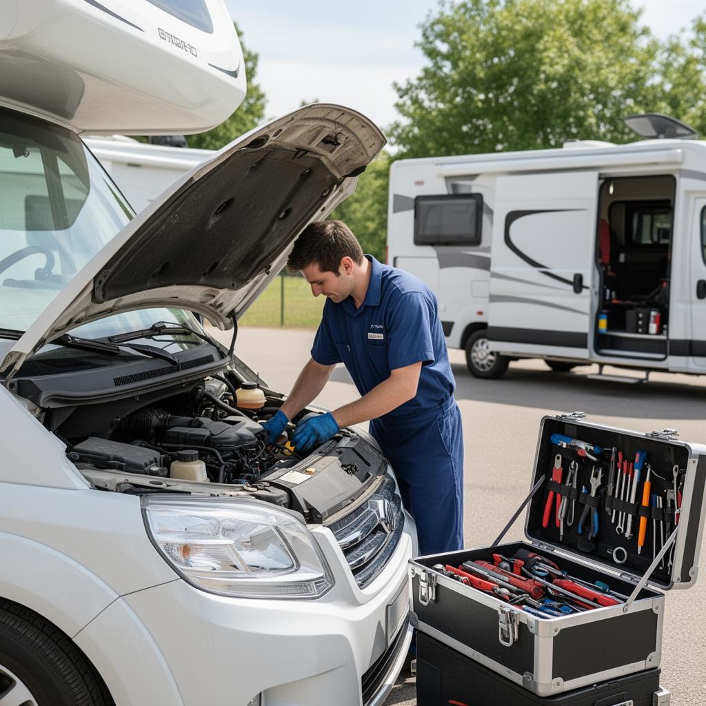 Mobile RV technician working on a motorhome engine